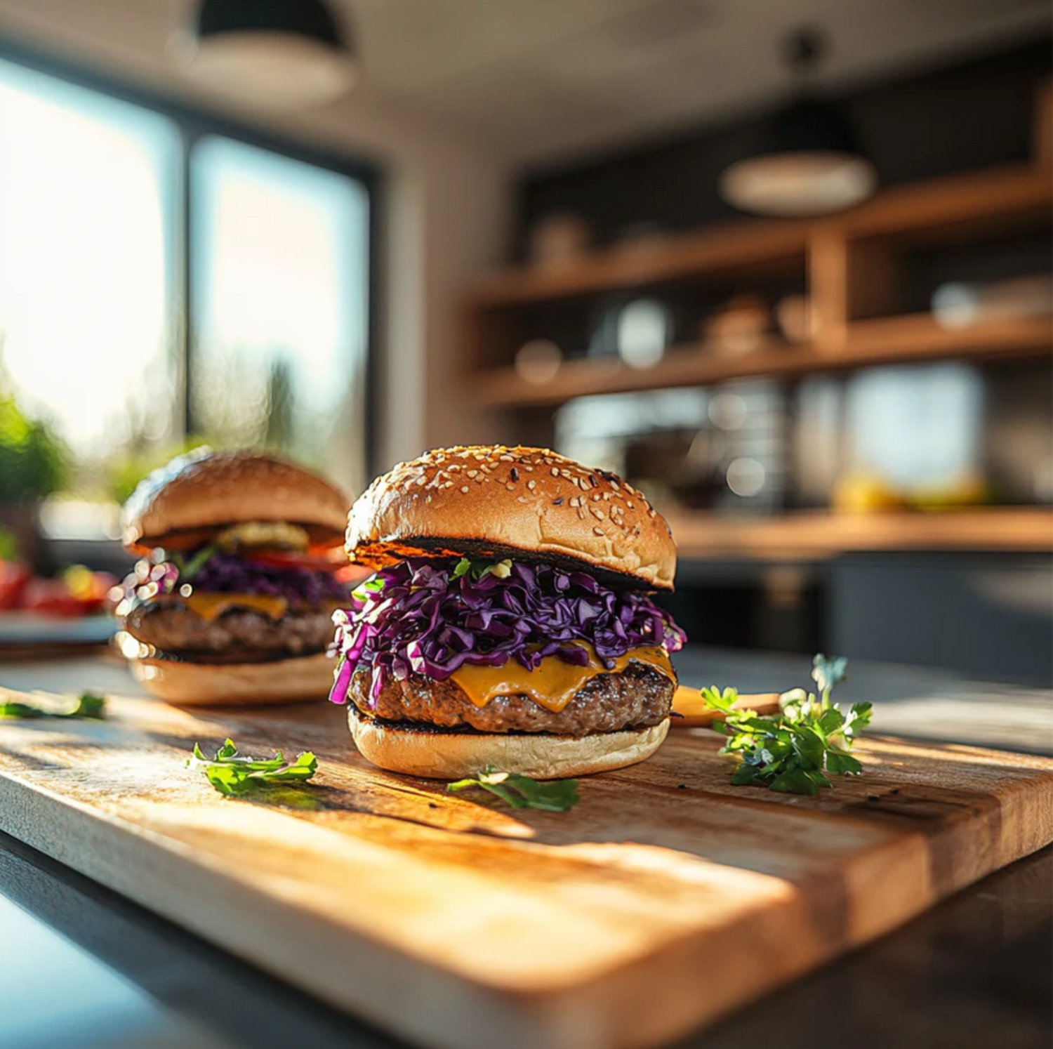 Burger mit Rotkraut und würzigem Senf